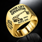 Gold personalized 660SJ boom scissor lift operator signet ring with original unbranded machinery, CUSTOM NAME and SINCE 2000.
