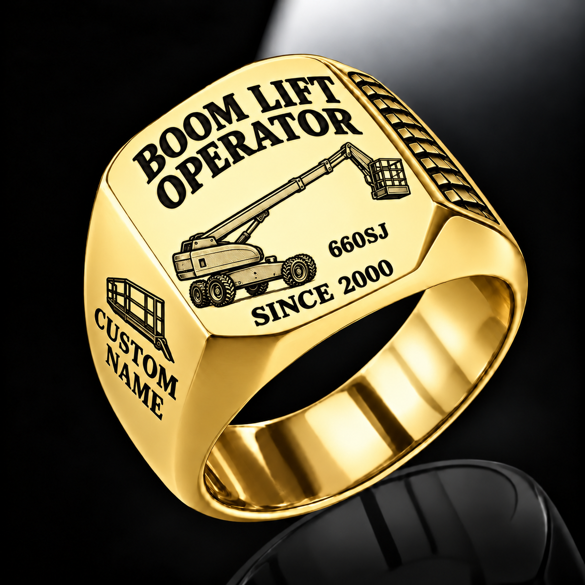 Gold personalized 660SJ boom scissor lift operator signet ring with original unbranded machinery, CUSTOM NAME and SINCE 2000.