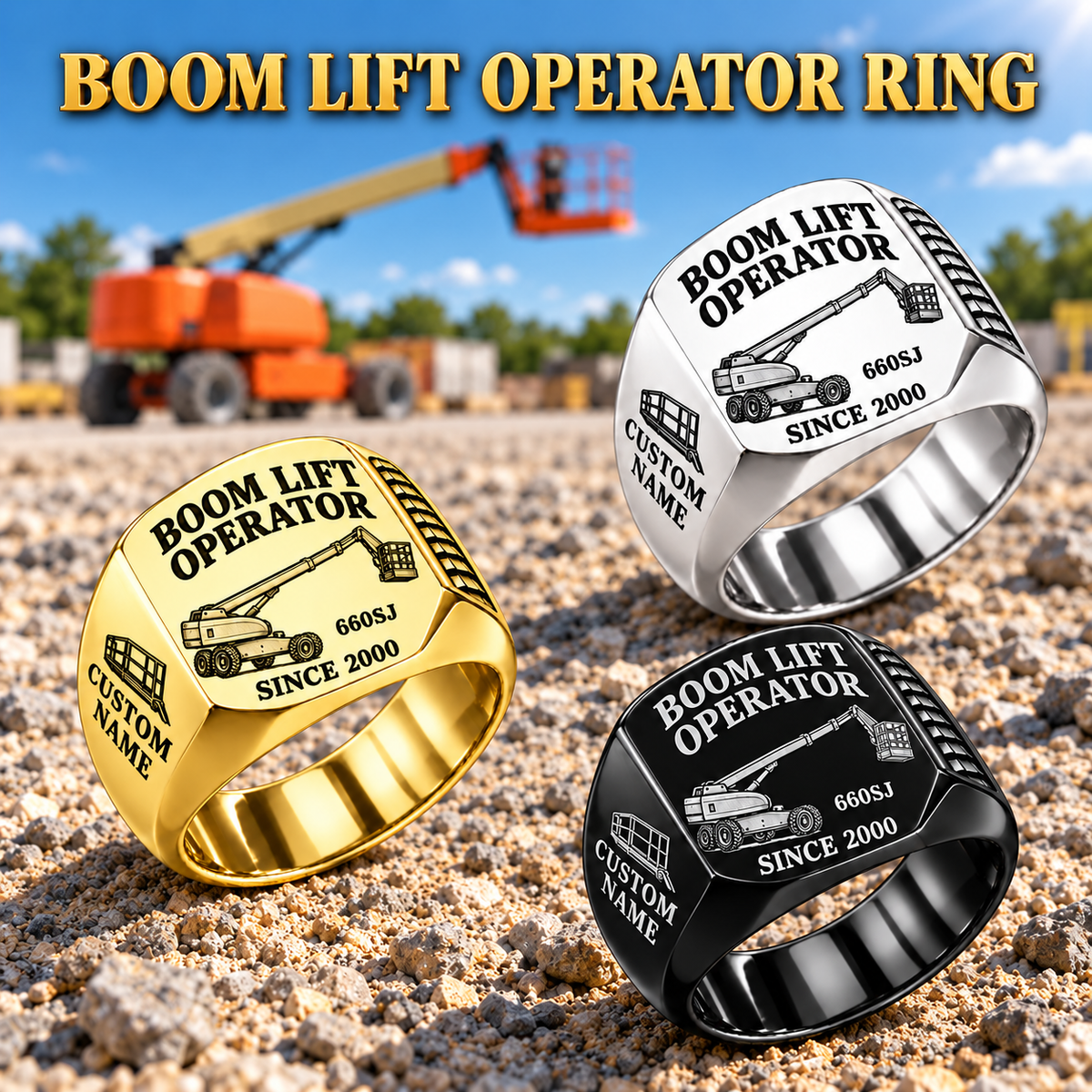 Hero personalized 660SJ boom scissor lift operator signet ring with original unbranded machinery, CUSTOM NAME and SINCE 2000.