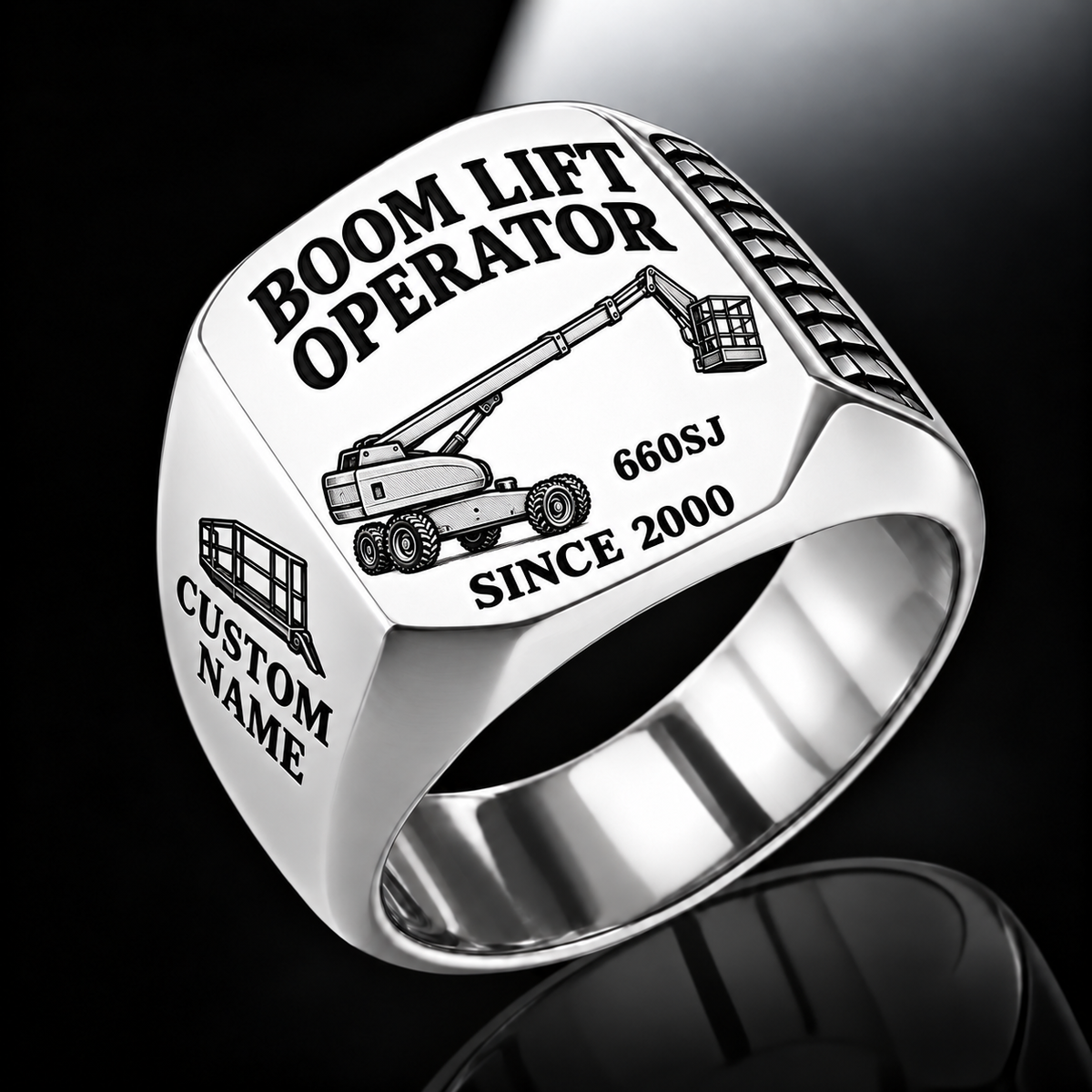 Silver personalized 660SJ boom scissor lift operator signet ring with original unbranded machinery, CUSTOM NAME and SINCE 2000.