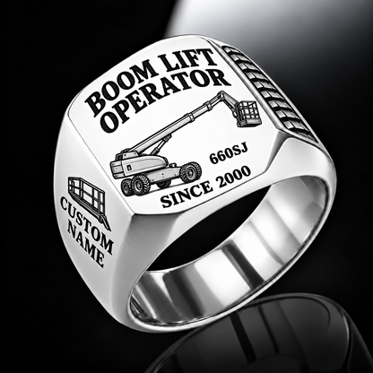 Silver personalized 660SJ boom scissor lift operator signet ring with original unbranded machinery, CUSTOM NAME and SINCE 2000.