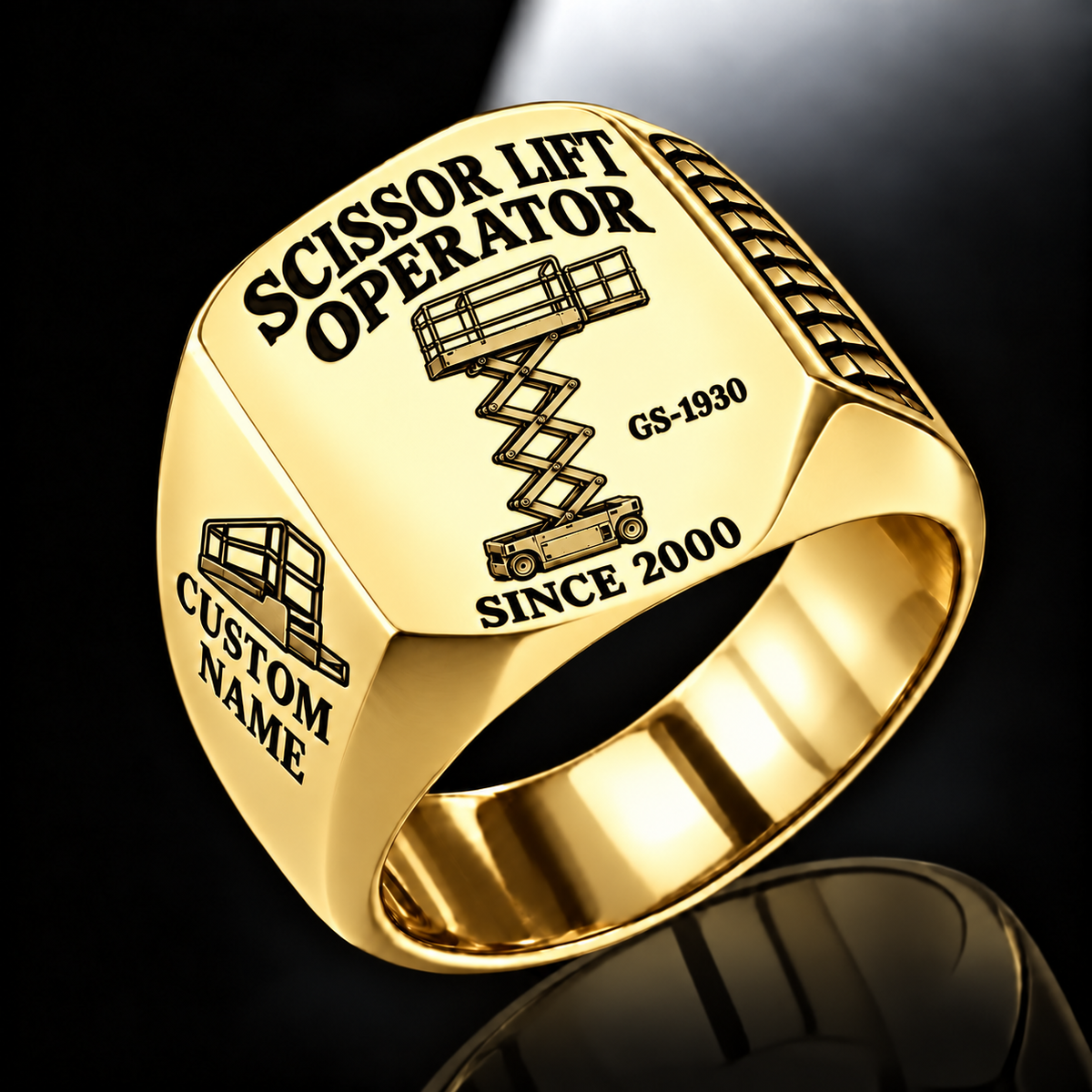 Gold personalized GS-1930 boom scissor lift operator signet ring with original unbranded machinery, CUSTOM NAME and SINCE 2000.