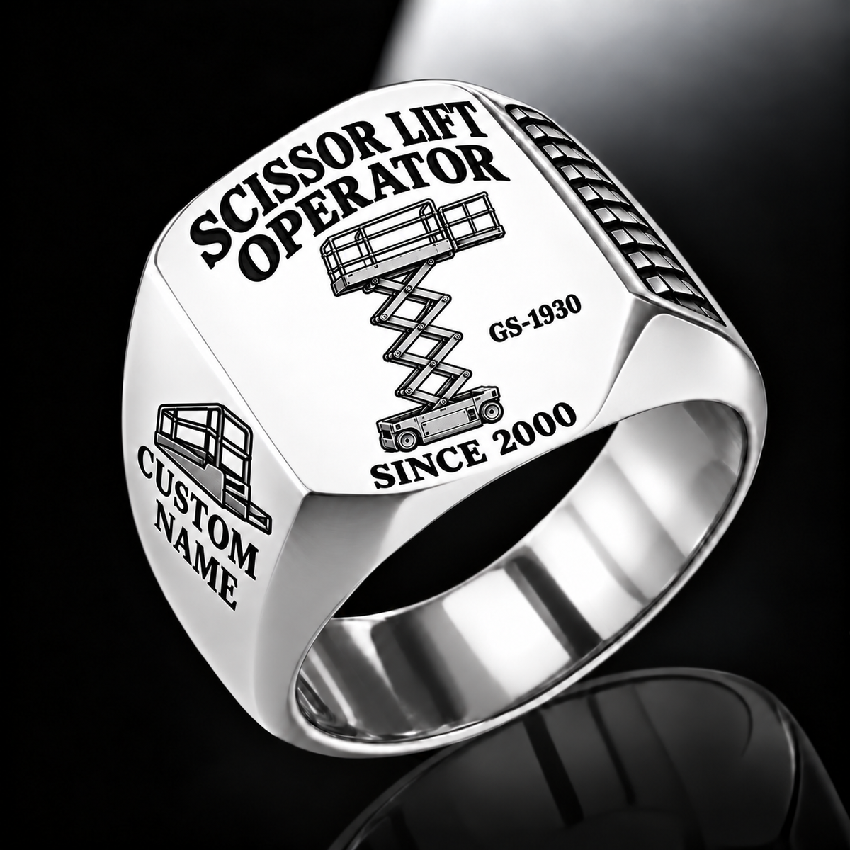 Silver personalized GS-1930 boom scissor lift operator signet ring with original unbranded machinery, CUSTOM NAME and SINCE 2000.