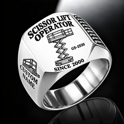 Silver personalized GS-1930 boom scissor lift operator signet ring with original unbranded machinery, CUSTOM NAME and SINCE 2000.