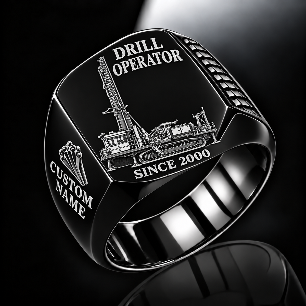 Pit Viper 271 blasthole drill signet ring, black finish, CUSTOM NAME and SINCE 2000 artwork