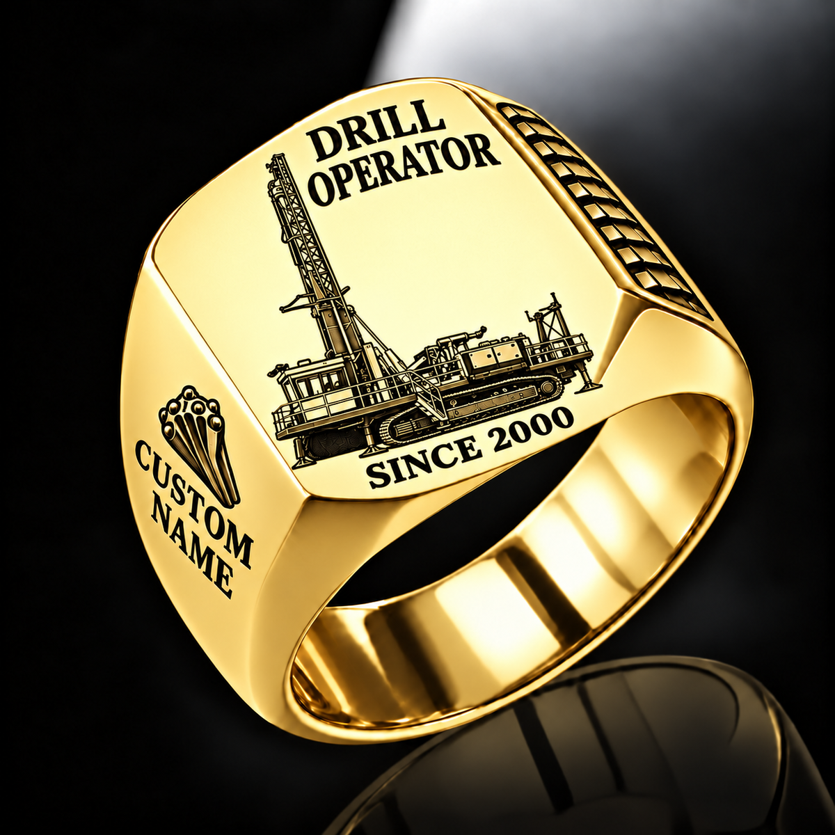 Pit Viper 271 blasthole drill signet ring, gold finish, CUSTOM NAME and SINCE 2000 artwork