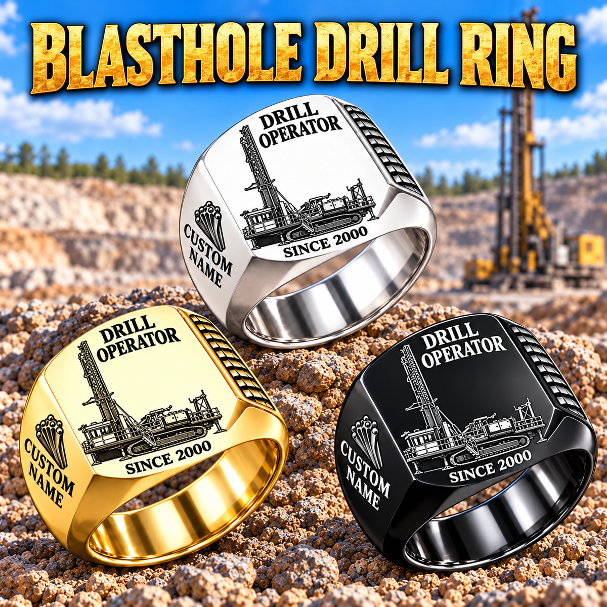 Pit Viper 271 blasthole drill signet ring, Silver, Gold and Black finishes, CUSTOM NAME and SINCE 2000 artwork