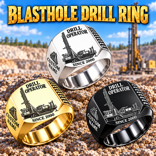 Pit Viper 271 blasthole drill signet ring, Silver, Gold and Black finishes, CUSTOM NAME and SINCE 2000 artwork