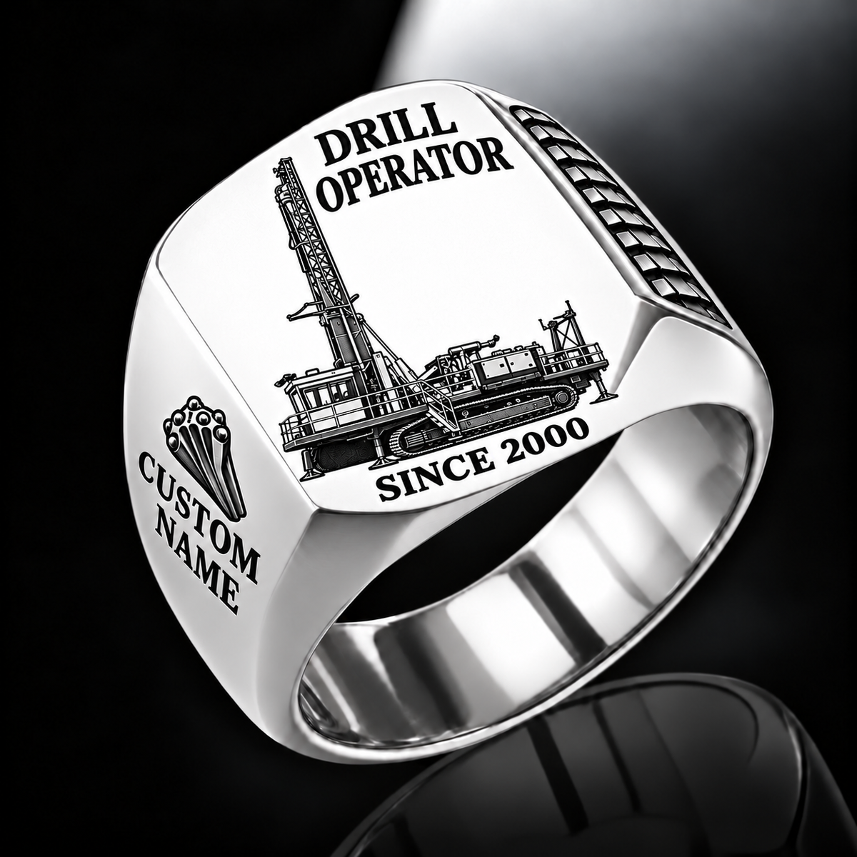 Pit Viper 271 blasthole drill signet ring, silver finish, CUSTOM NAME and SINCE 2000 artwork