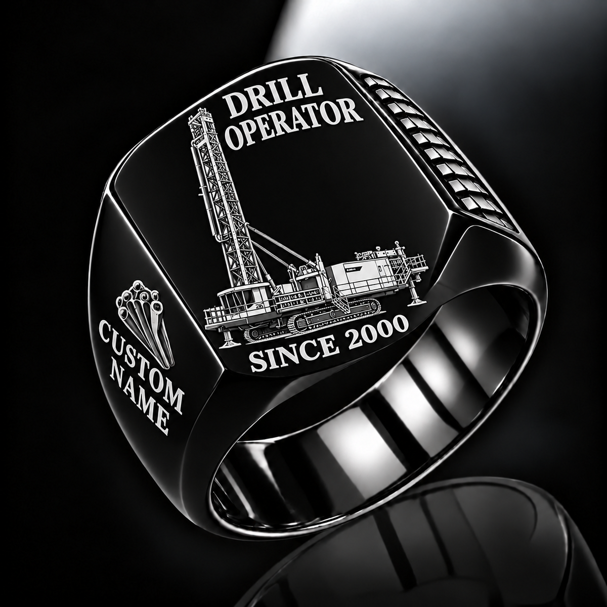 Pit Viper 351 Blasthole Drill signet ring, black finish, CUSTOM NAME and SINCE 2000 artwork