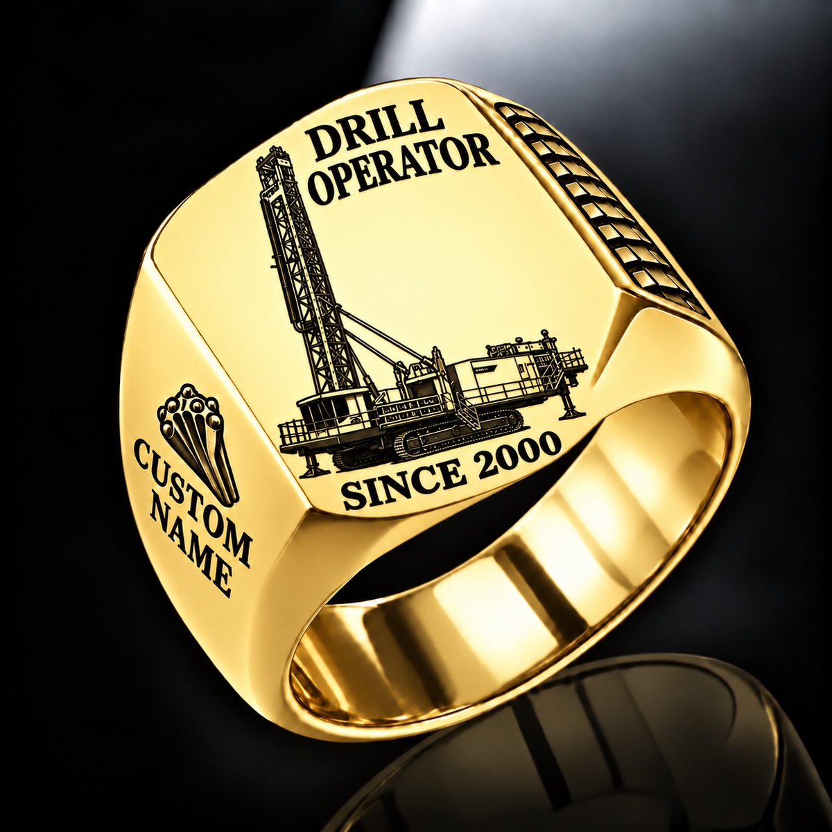Pit Viper 351 Blasthole Drill signet ring, gold finish, CUSTOM NAME and SINCE 2000 artwork
