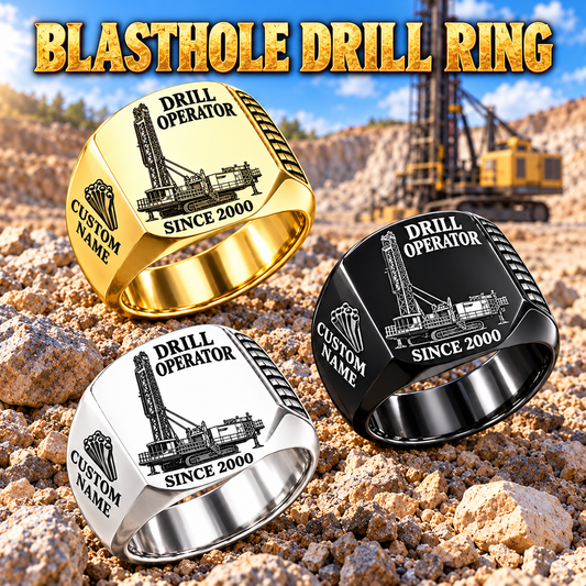 Pit Viper 351 Blasthole Drill signet ring, Silver, Gold and Black finishes, CUSTOM NAME and SINCE 2000 artwork
