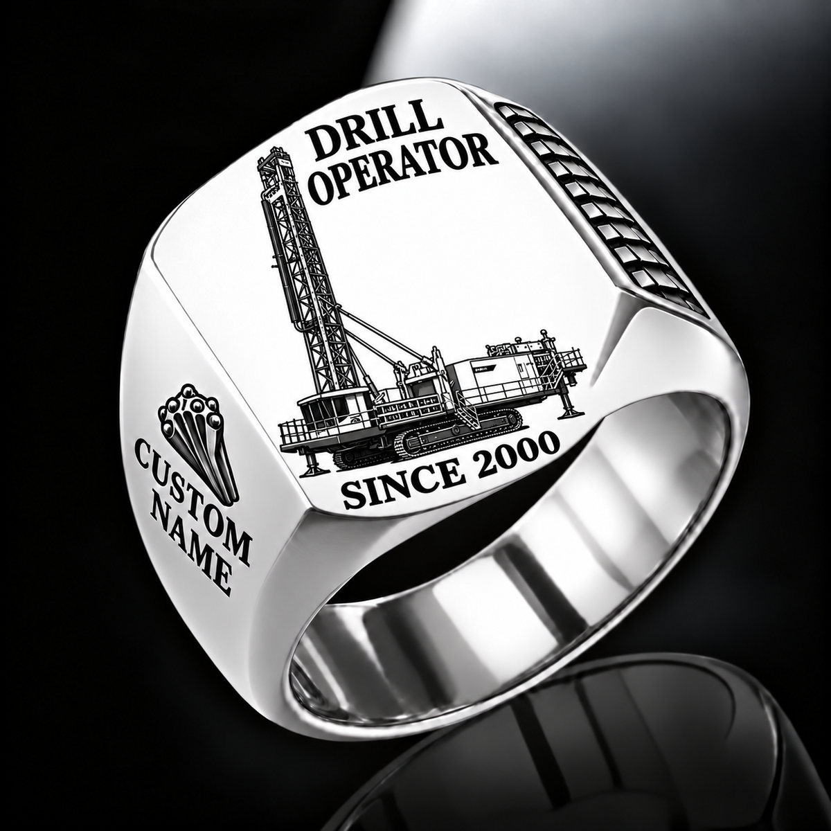 Pit Viper 351 Blasthole Drill signet ring, silver finish, CUSTOM NAME and SINCE 2000 artwork