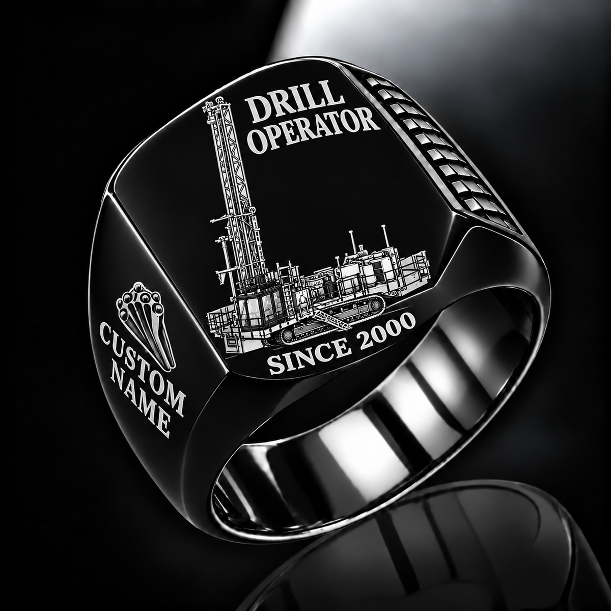MD6250 Blasthole Drill signet ring, black finish, CUSTOM NAME and SINCE 2000 artwork