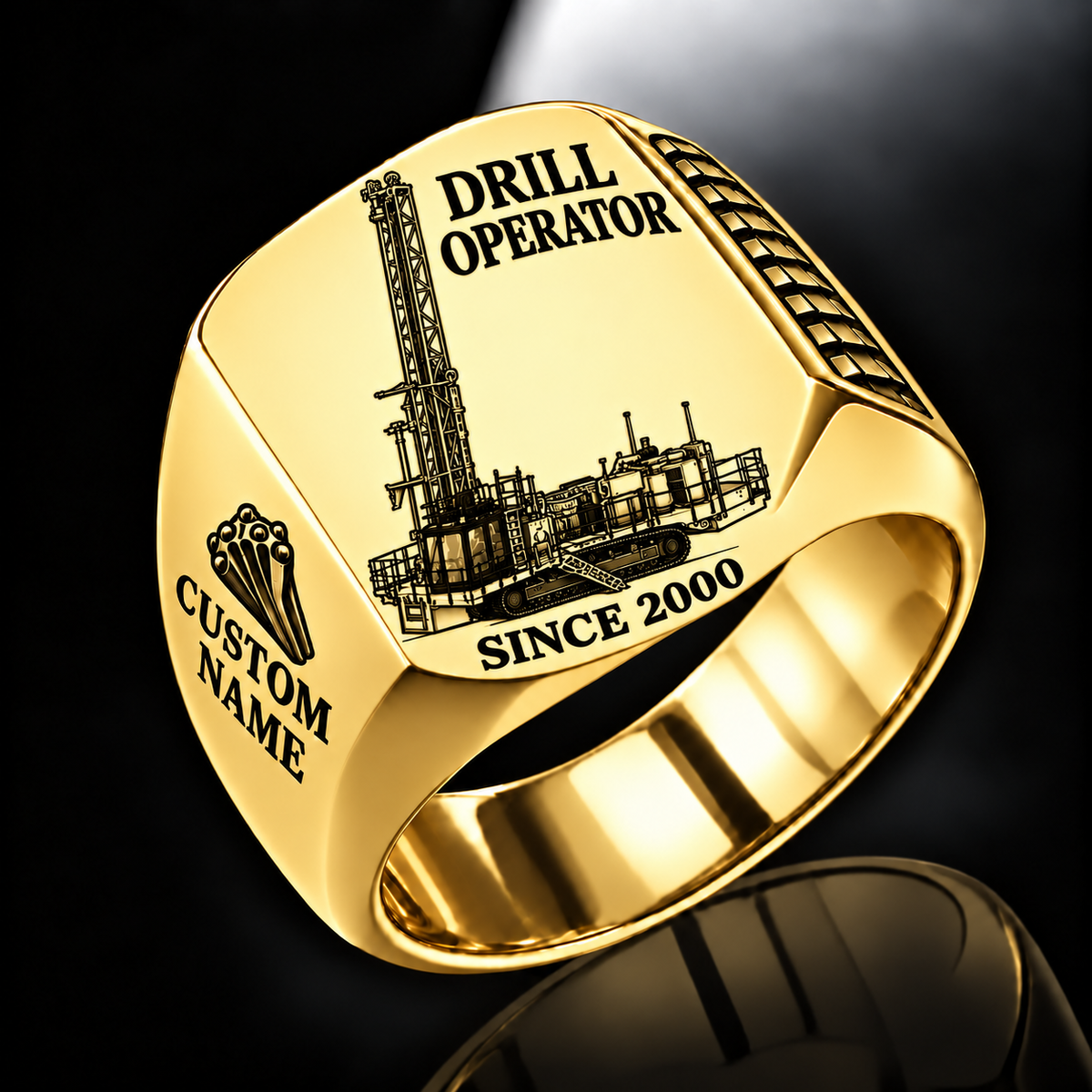 MD6250 Blasthole Drill signet ring, gold finish, CUSTOM NAME and SINCE 2000 artwork