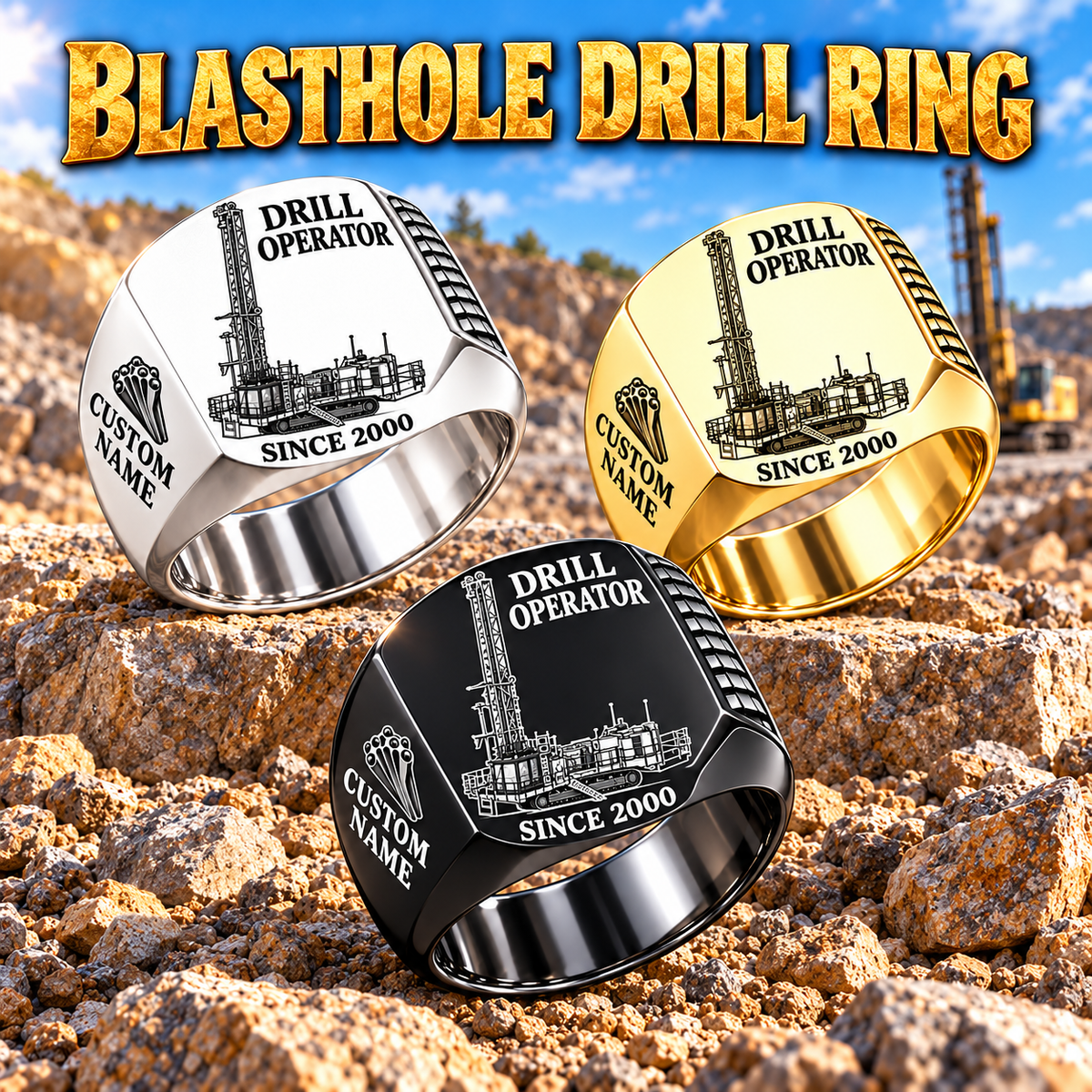 MD6250 Blasthole Drill signet ring, Silver, Gold and Black finishes, CUSTOM NAME and SINCE 2000 artwork