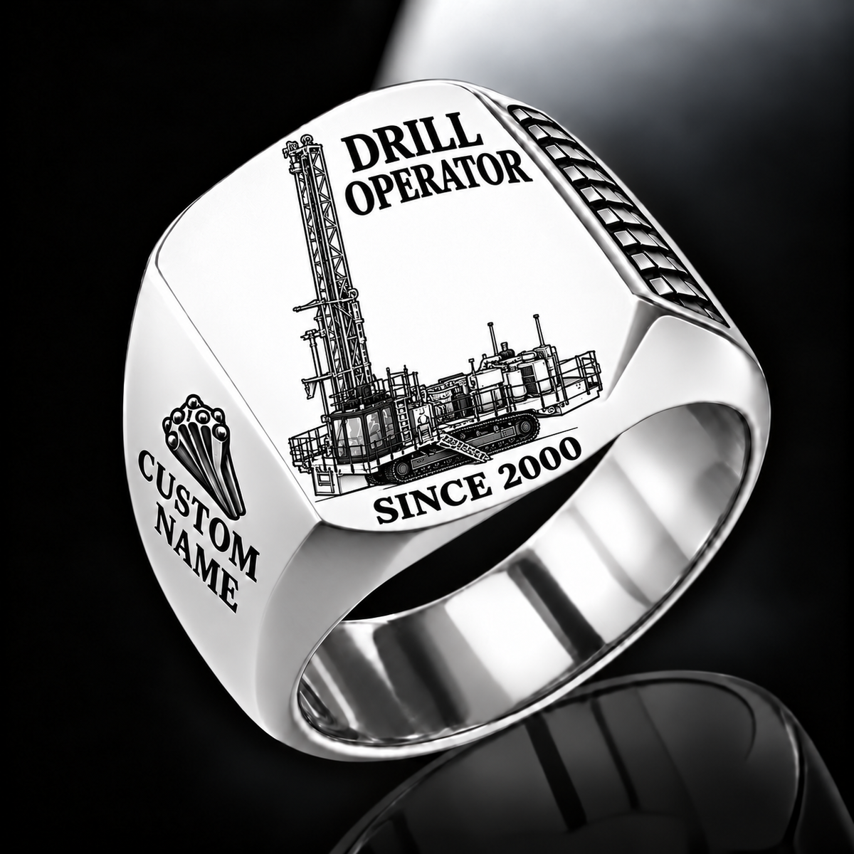 MD6250 Blasthole Drill signet ring, silver finish, CUSTOM NAME and SINCE 2000 artwork