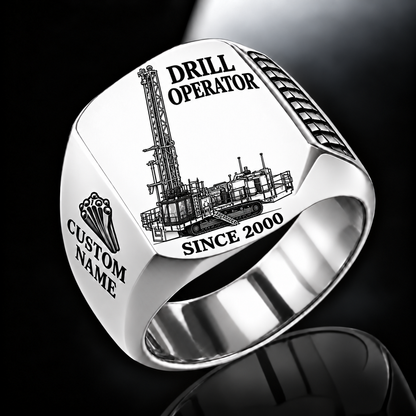 MD6250 Blasthole Drill signet ring, silver finish, CUSTOM NAME and SINCE 2000 artwork