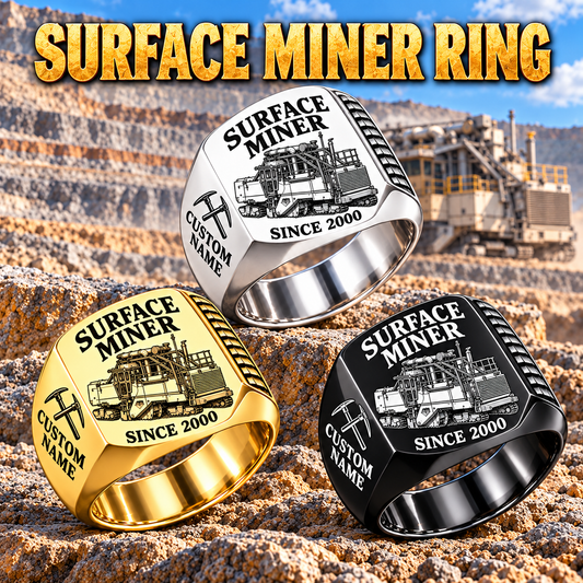 2200 SM Surface Miner Ring in Silver, Gold and Black finishes, flat machine engraving, CUSTOM NAME and SINCE 2000 sample text.