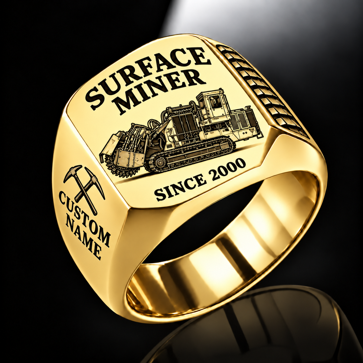 T1255III Chain Drive Terrain Leveler Surface Miner Ring in Gold finish, flat machine engraving, CUSTOM NAME and SINCE 2000 sample text.