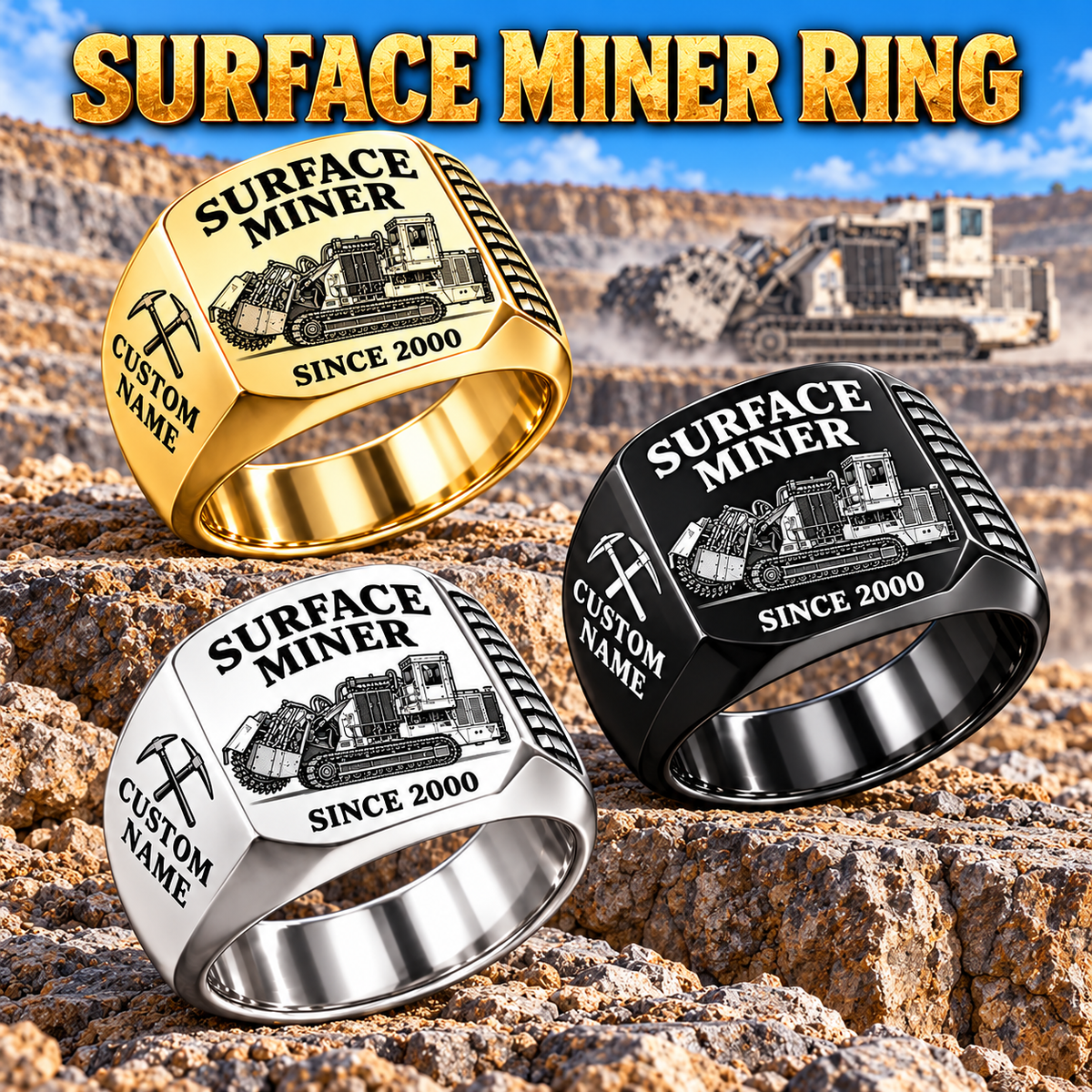 T1255III Chain Drive Terrain Leveler Surface Miner Ring in Silver, Gold and Black finishes, flat machine engraving, CUSTOM NAME and SINCE 2000 sample text.