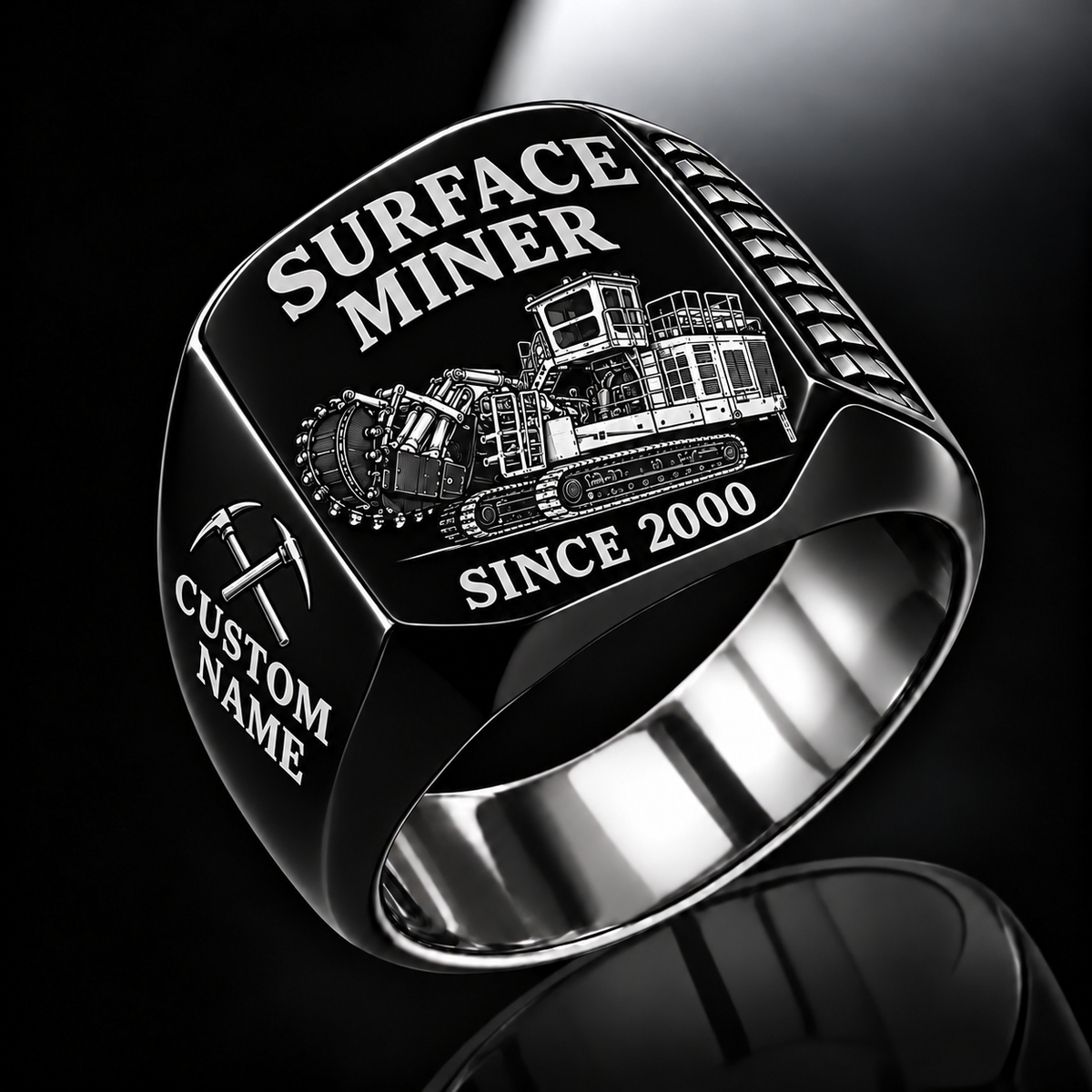 T1655III Terrain Leveler Surface Miner Ring in Black finish, flat machine engraving, CUSTOM NAME and SINCE 2000 sample text.