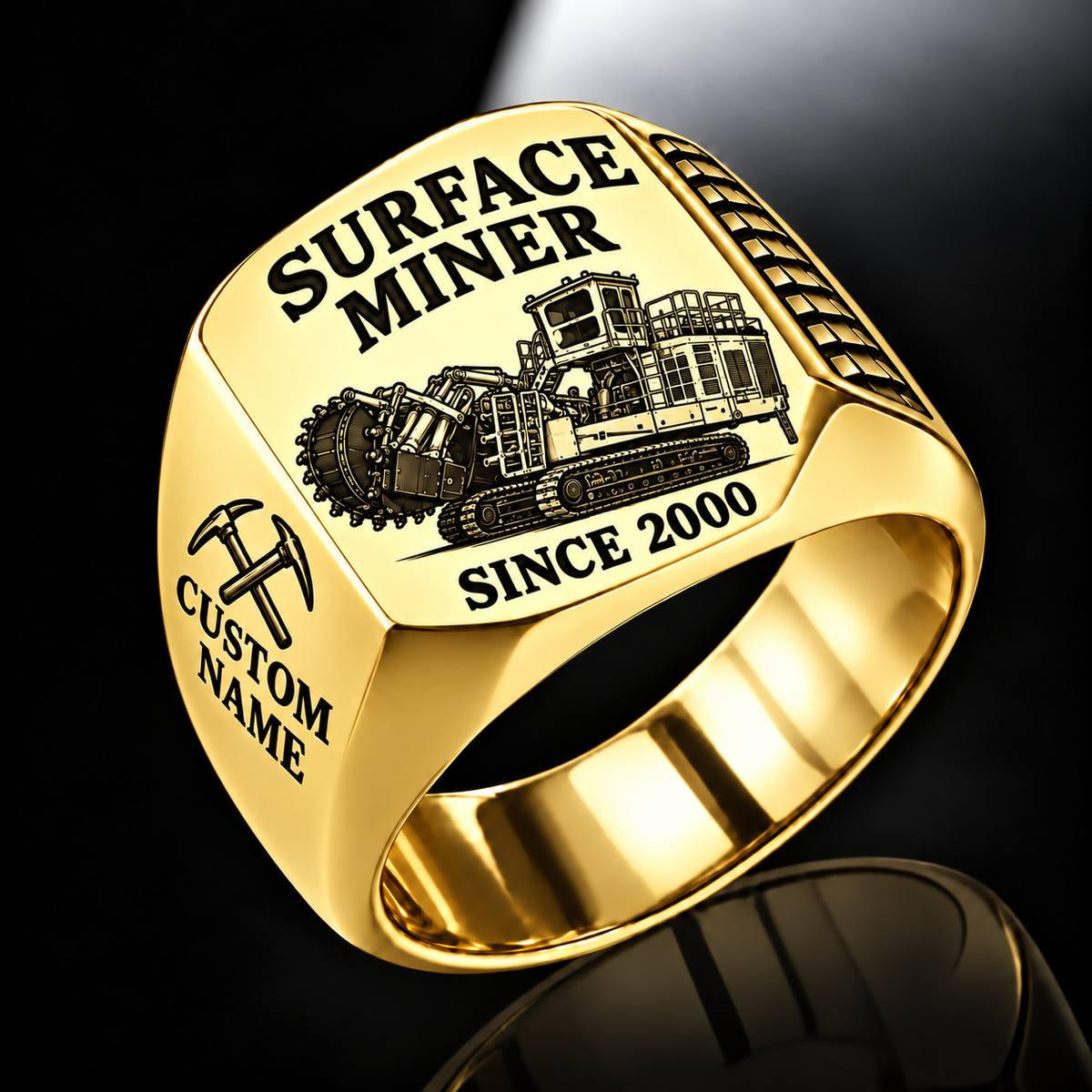 T1655III Terrain Leveler Surface Miner Ring in Gold finish, flat machine engraving, CUSTOM NAME and SINCE 2000 sample text.