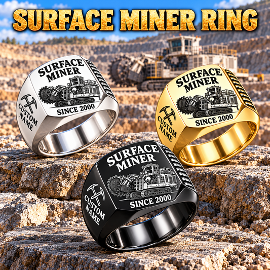 T1655III Terrain Leveler Surface Miner Ring in Silver, Gold and Black finishes, flat machine engraving, CUSTOM NAME and SINCE 2000 sample text.