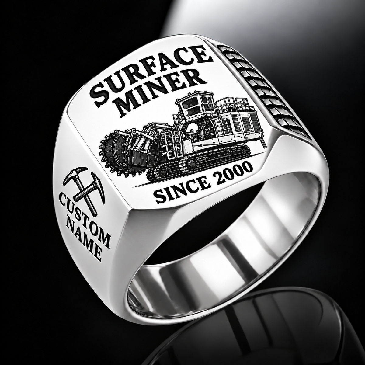 T1655III Terrain Leveler Surface Miner Ring in Silver finish, flat machine engraving, CUSTOM NAME and SINCE 2000 sample text.