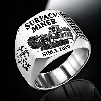 T1655III Terrain Leveler Surface Miner Ring in Silver finish, flat machine engraving, CUSTOM NAME and SINCE 2000 sample text.