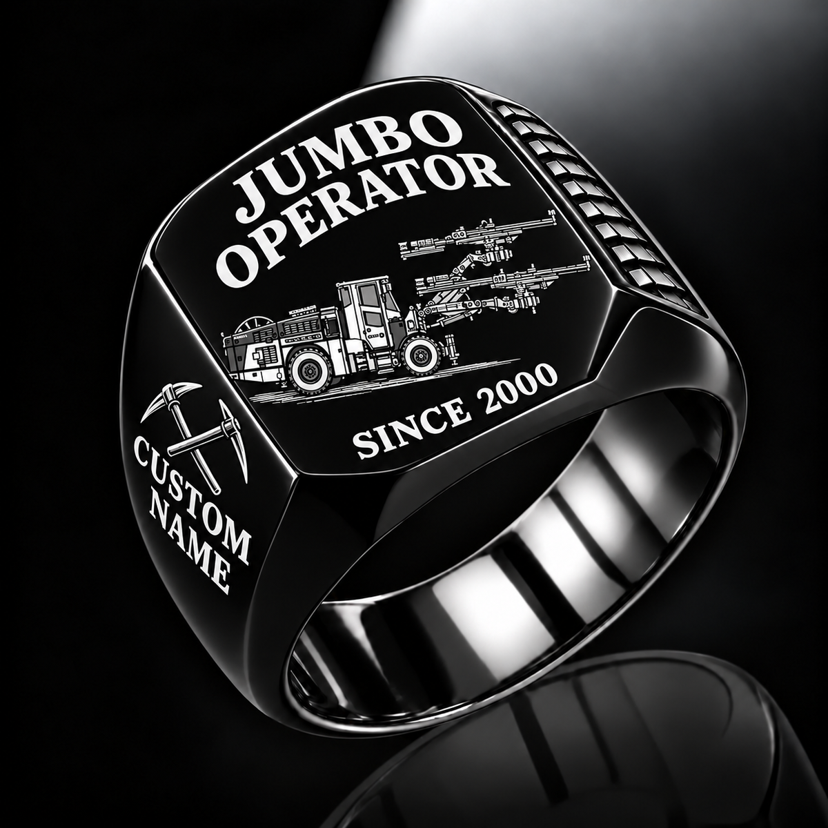 DD422i Underground Jumbo Drill Operator Ring in Black finish, flat machine engraving, CUSTOM NAME and SINCE 2000 sample text.