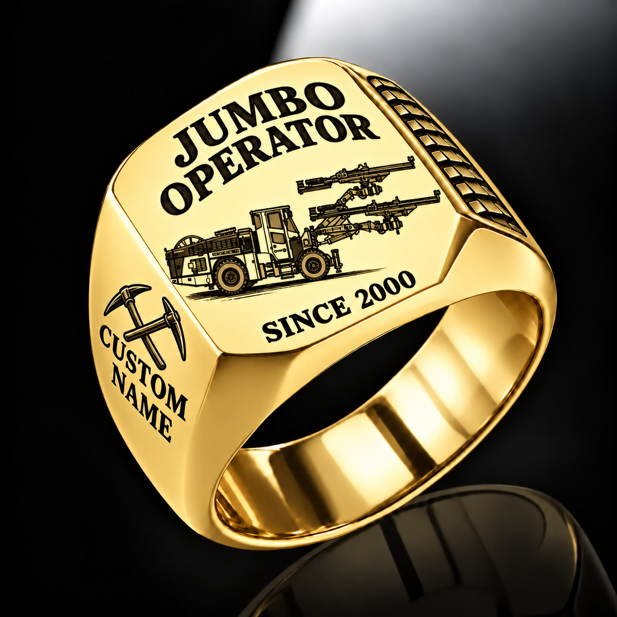 DD422i Underground Jumbo Drill Operator Ring in Gold finish, flat machine engraving, CUSTOM NAME and SINCE 2000 sample text.