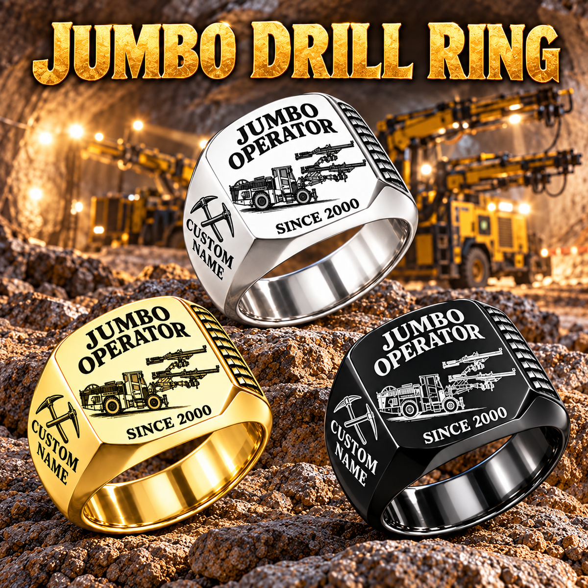 DD422i Underground Jumbo Drill Operator Ring in Silver, Gold and Black finishes, flat machine engraving, CUSTOM NAME and SINCE 2000 sample text.