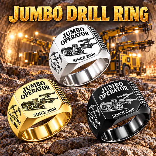 DD422i Underground Jumbo Drill Operator Ring in Silver, Gold and Black finishes, flat machine engraving, CUSTOM NAME and SINCE 2000 sample text.
