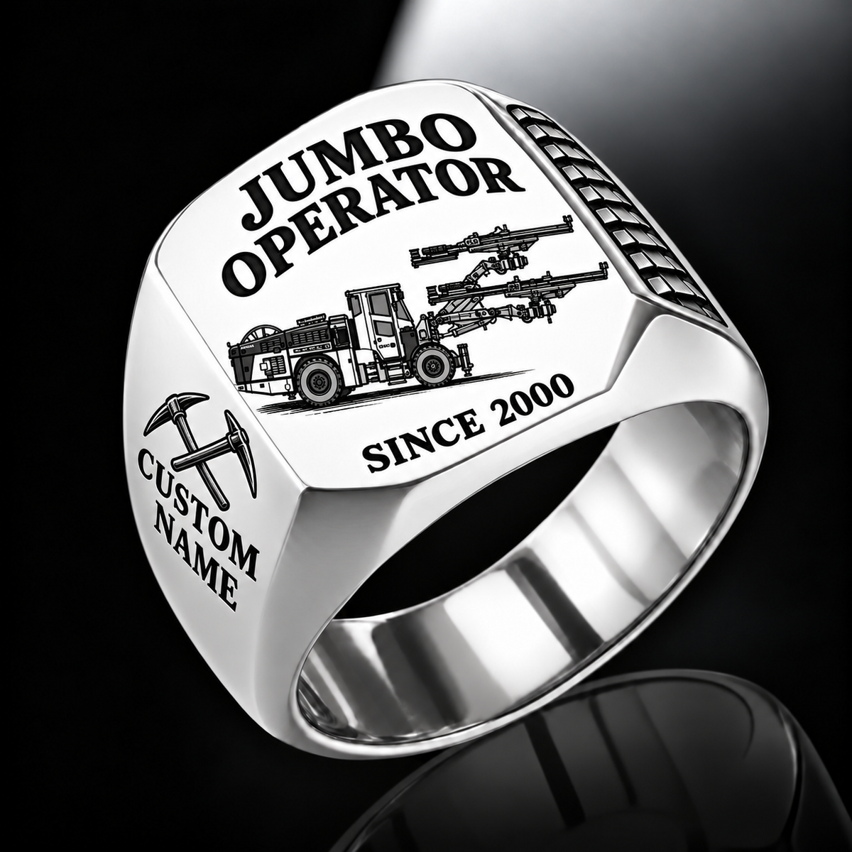DD422i Underground Jumbo Drill Operator Ring in Silver finish, flat machine engraving, CUSTOM NAME and SINCE 2000 sample text.