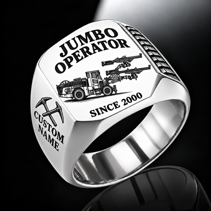 DD422i Underground Jumbo Drill Operator Ring in Silver finish, flat machine engraving, CUSTOM NAME and SINCE 2000 sample text.
