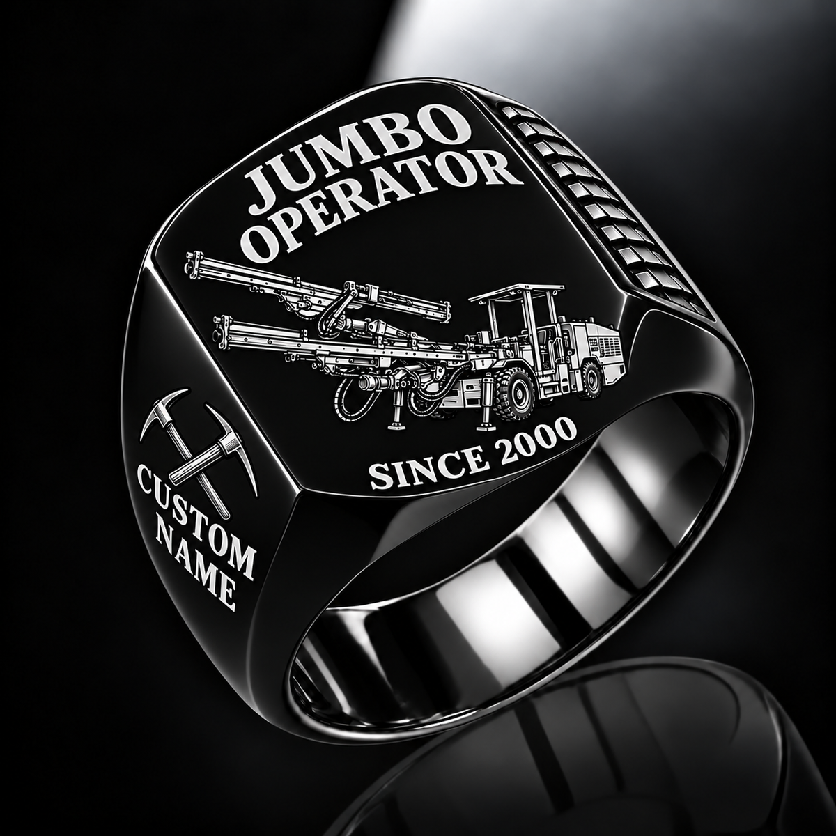 DD321 Underground Jumbo Drill Operator Ring in Black finish, flat machine engraving, CUSTOM NAME and SINCE 2000 sample text.