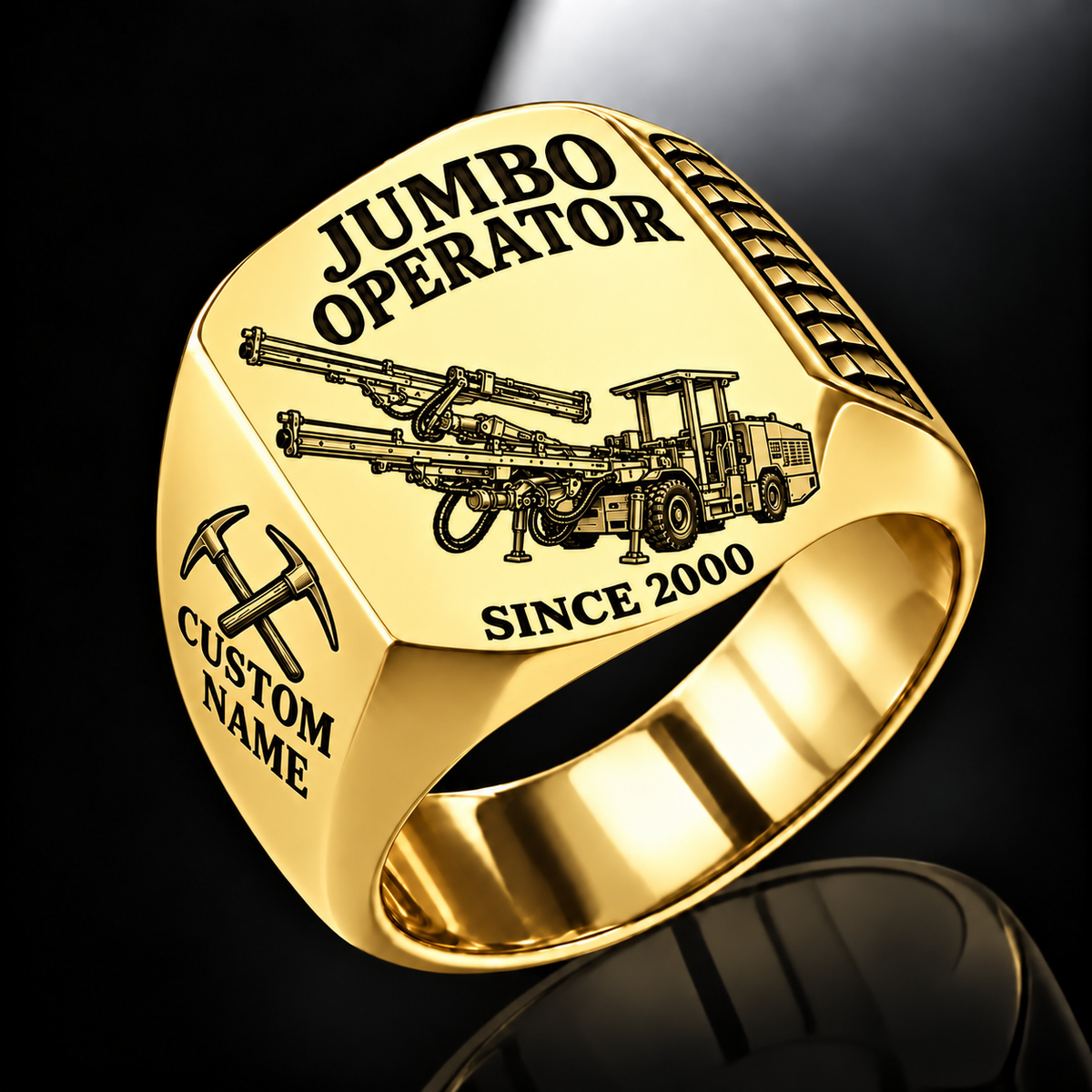 DD321 Underground Jumbo Drill Operator Ring in Gold finish, flat machine engraving, CUSTOM NAME and SINCE 2000 sample text.