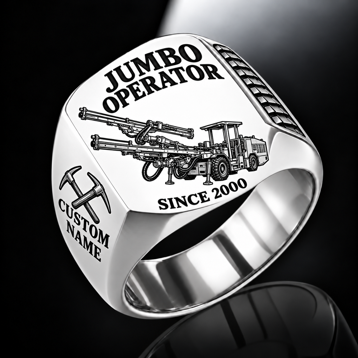 DD321 Underground Jumbo Drill Operator Ring in Silver finish, flat machine engraving, CUSTOM NAME and SINCE 2000 sample text.