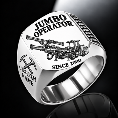DD321 Underground Jumbo Drill Operator Ring in Silver finish, flat machine engraving, CUSTOM NAME and SINCE 2000 sample text.
