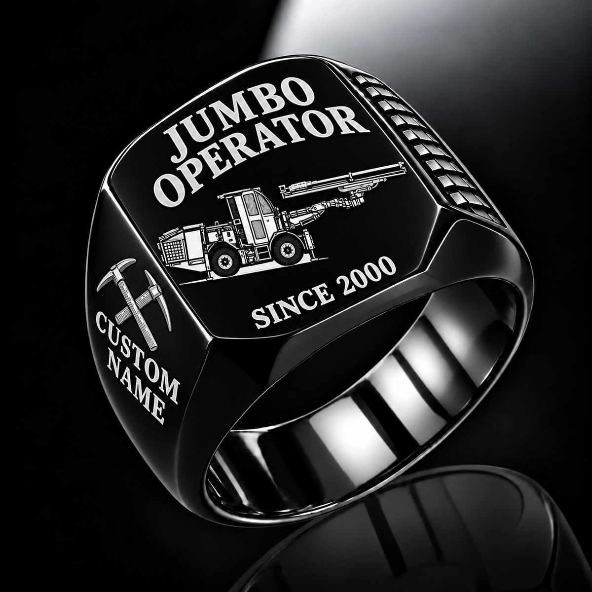 DD311 Underground Jumbo Drill Operator Ring in Black finish, flat machine engraving, CUSTOM NAME and SINCE 2000 sample text.