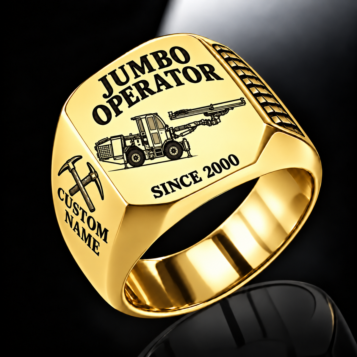 DD311 Underground Jumbo Drill Operator Ring in Gold finish, flat machine engraving, CUSTOM NAME and SINCE 2000 sample text.