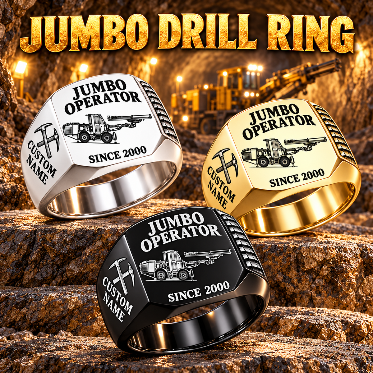 DD311 Underground Jumbo Drill Operator Ring in Silver, Gold and Black finishes, flat machine engraving, CUSTOM NAME and SINCE 2000 sample text.