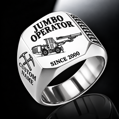 DD311 Underground Jumbo Drill Operator Ring in Silver finish, flat machine engraving, CUSTOM NAME and SINCE 2000 sample text.
