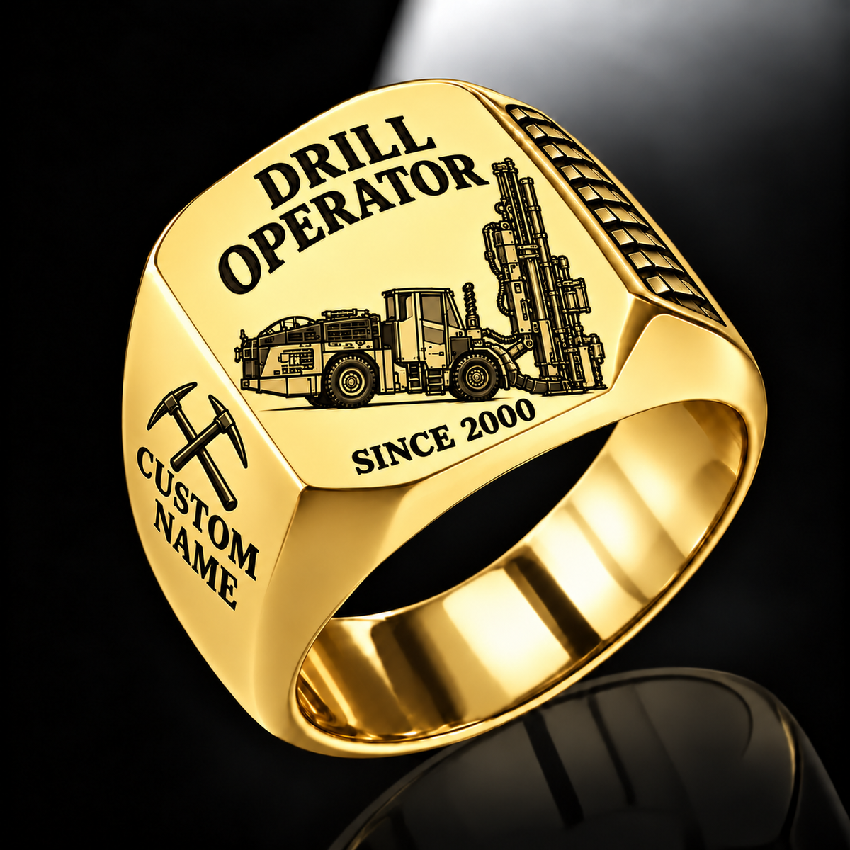 DL422i Longhole Drill Operator Ring in Gold finish, flat machine engraving, CUSTOM NAME and SINCE 2000 sample text.