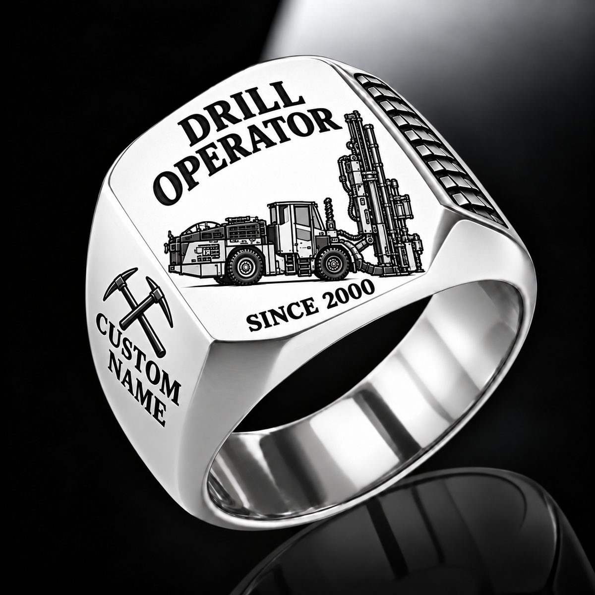 DL422i Longhole Drill Operator Ring in Silver finish, flat machine engraving, CUSTOM NAME and SINCE 2000 sample text.