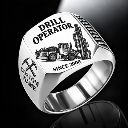 DL422i Longhole Drill Operator Ring in Silver finish, flat machine engraving, CUSTOM NAME and SINCE 2000 sample text.