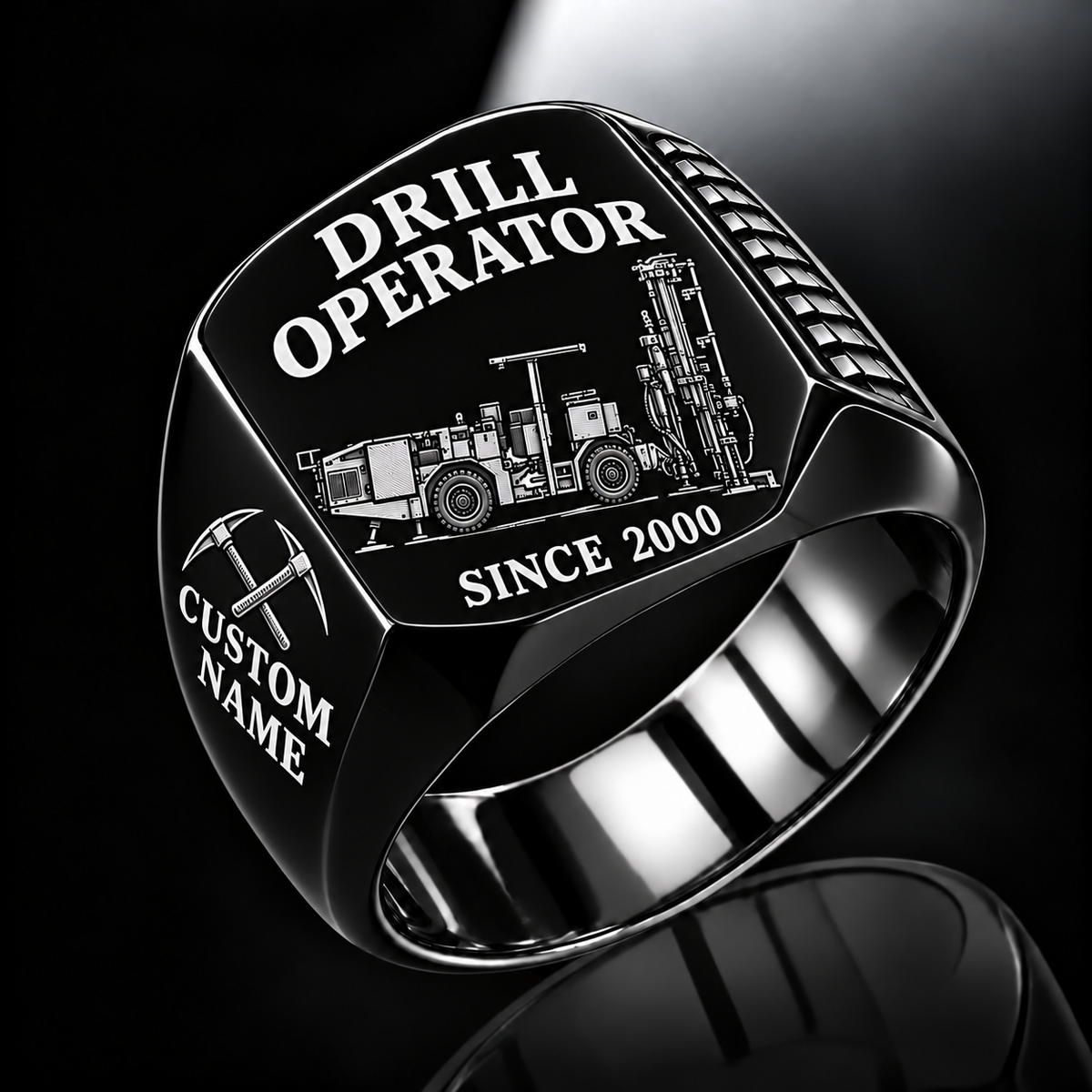 DL311 Longhole Drill Operator Ring in Black finish, flat machine engraving, CUSTOM NAME and SINCE 2000 sample text.