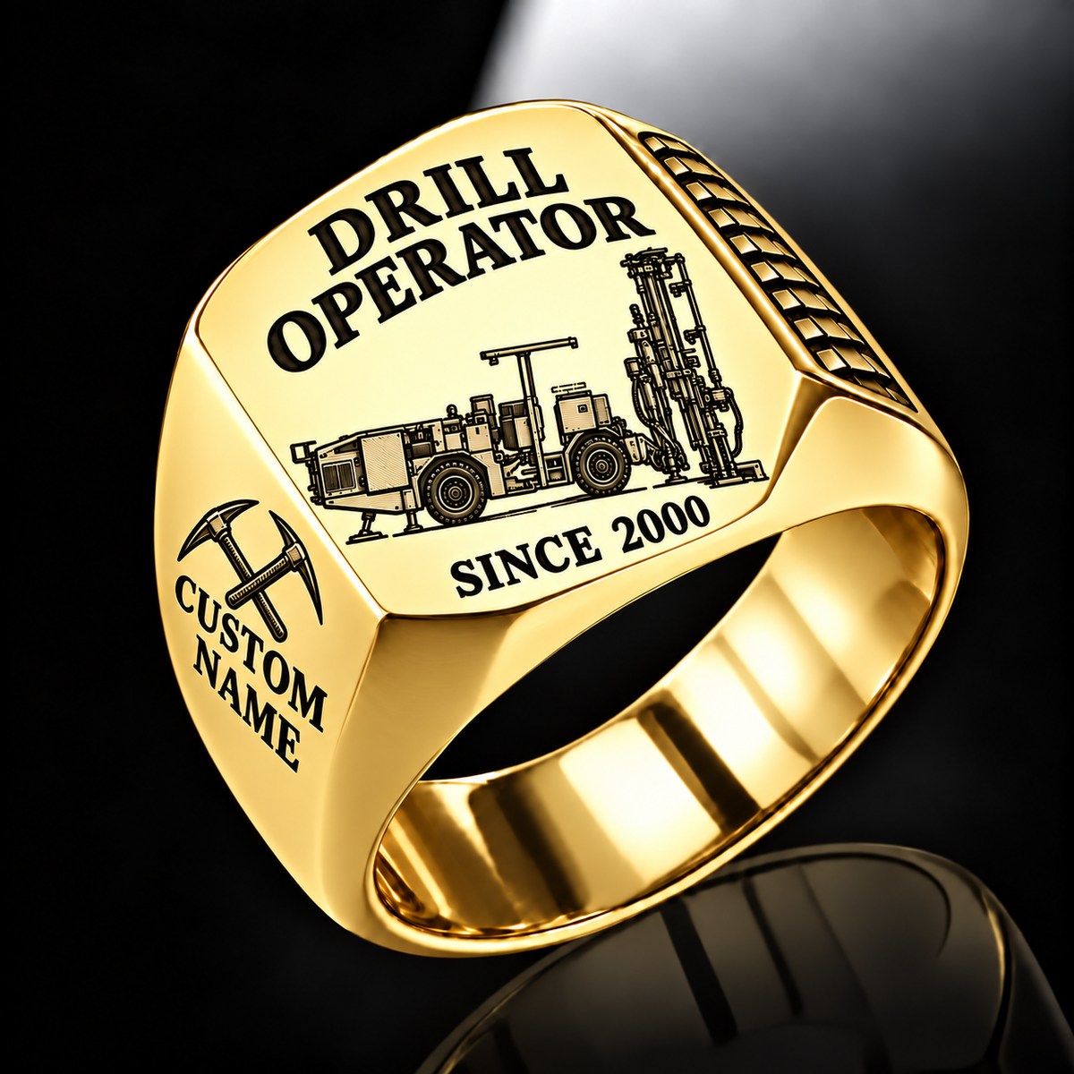 DL311 Longhole Drill Operator Ring in Gold finish, flat machine engraving, CUSTOM NAME and SINCE 2000 sample text.