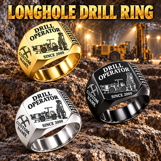 DL311 Longhole Drill Operator Ring in Silver, Gold and Black finishes, flat machine engraving, CUSTOM NAME and SINCE 2000 sample text.